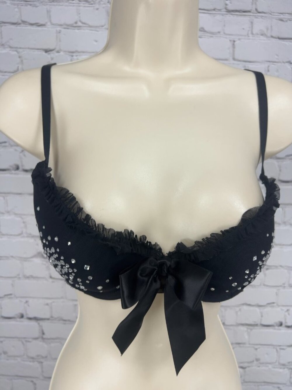 Victoria's Secret Sexy Little Things Black Rhinestone Mesh Demi Bra 36C
